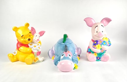 Three Disney Ceramic Cookie Jars Featuring Pooh, Piglet, and Eeyore