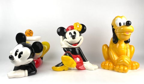Three Disney Ceramic Cookie Jars Featuring Mickey, Minnie, Pluto