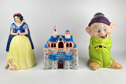 Three Disney Cookie Jars Snow White, Dopey, Disneyland Castle