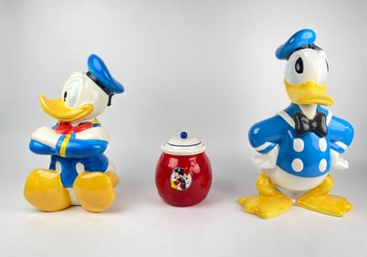 Set of Donald Duck Ceramic Cookie Jars and Mickey & Minnie Red Accent Jar
