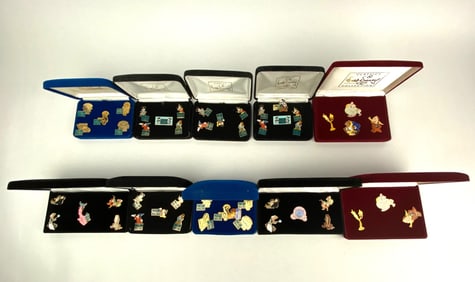 Collection of 49 Walt Disney Classics Enamel Pins in Display Cases