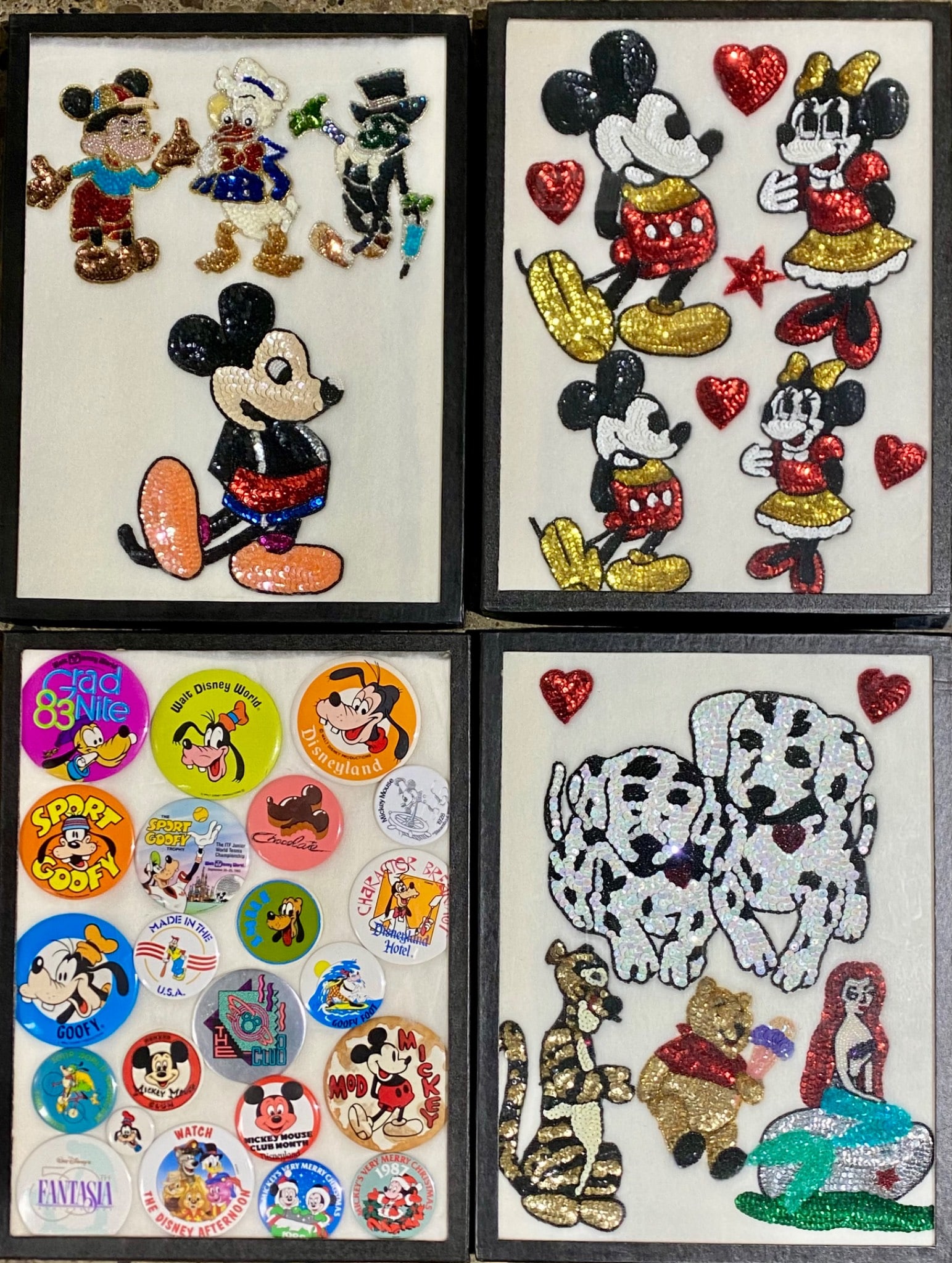 Collection of Disney Pins and Sequin Panels: Collection includes sequin-embroidered panels featuring Mickey Mouse, Minnie Mouse, Donald Duck, Pinocchio, Dalmatians, Winnie the Pooh, The Little Mermaid, and Tigger, alongside a selection of vintag