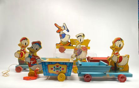 Vintage Fisher Price Donald Duck Wooden Pull Toys with Carts