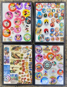Set of 4 Display Cases of Assorted Disney Enamel Pins and Buttons