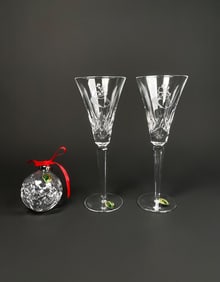 Waterford Champagne Flutes With Disney Etching and Ornament