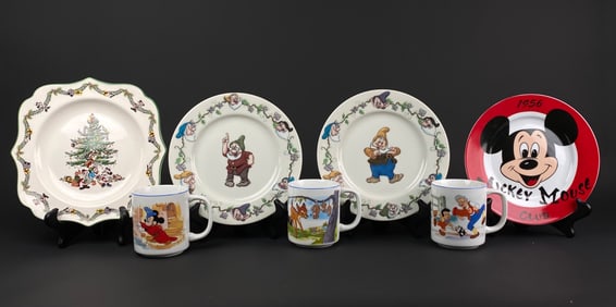 Lot of Disney-Themed Plates and Mugs Featuring Various Characters