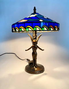 Disney Limited Edition Tinker Bell Stained Glass Lamp (COA): Disney Limited Edition Tinker Bell stained glass lamp featuring a colorful handcrafted shade with intricate designs and Tinker Bell imagery. The metal base includes a sculpted Tinker Bell figure and t