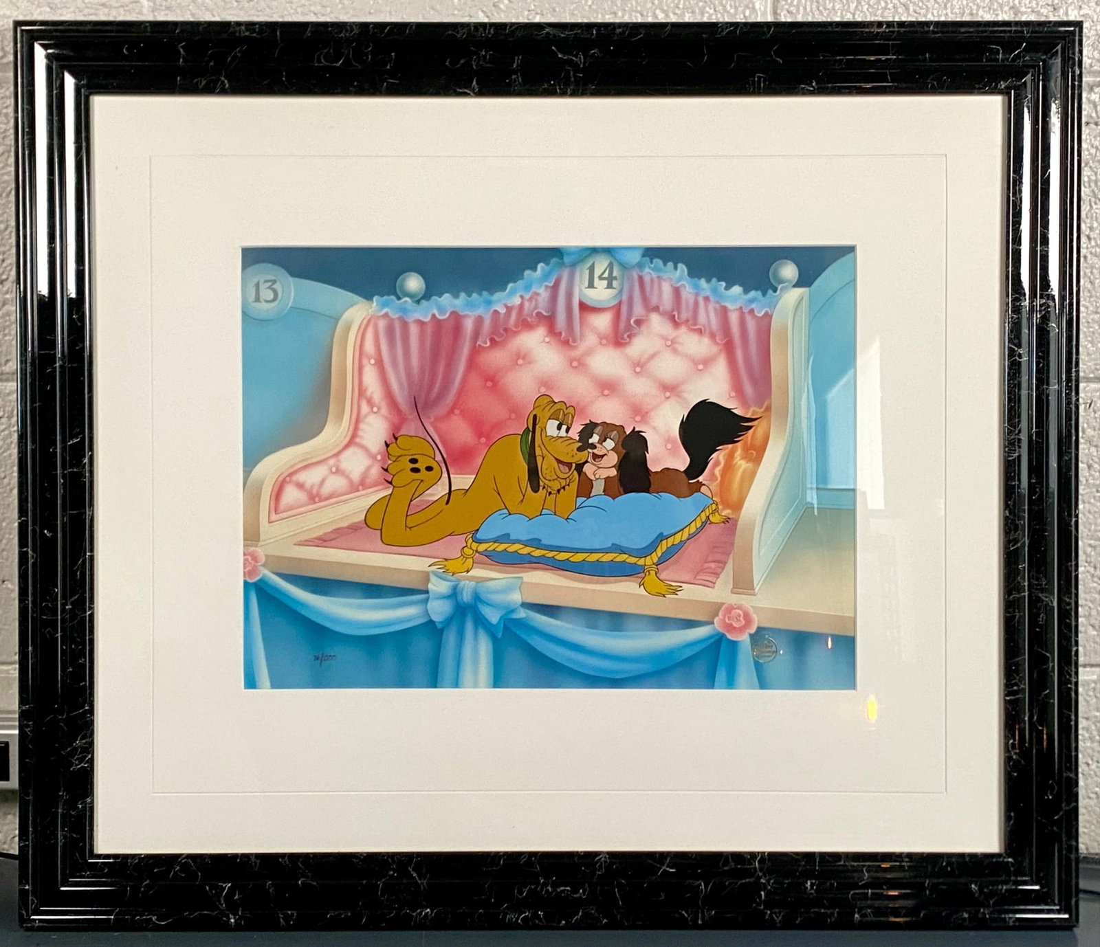 Disney Society Dog Show Limited Edition Framed Sericel: Walt Disney Society Dog Show limited edition sericel, edition number 76 out of 500, featuring Pluto and another canine character in a decorative scene. The sericel bears the official Walt Disney Compa