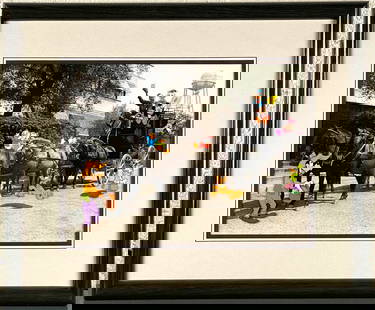 Walt Disney Stagecoach Limited Edition Framed Artwork (COA): Framed artwork featuring a limited edition (116 out of 950) Disney animation overlay on a 1954 black and white photograph of the Disneyland stagecoach. Includes hand painted characters such as Mickey