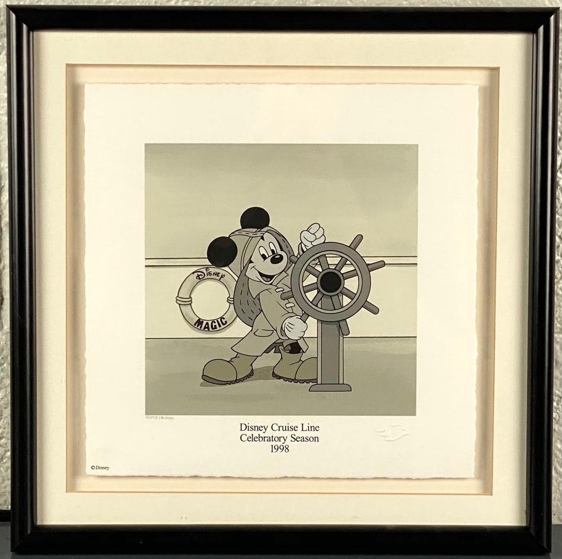 Disney Cruise Line Helmsman Mickey Serigraph Print 1998 (COA): Disney Cruise Line Helmsman Mickey limited edition serigraph print, created in 1998 for Disney’s inaugural ship, the Disney Magic. Limited to an edition size of 8500 pieces, this is numbered 5075 ou