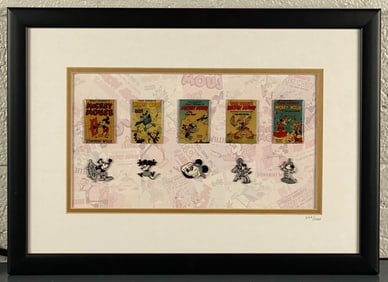 Disney Mickey Mouse Collectible Pins and Art Display (COA)
