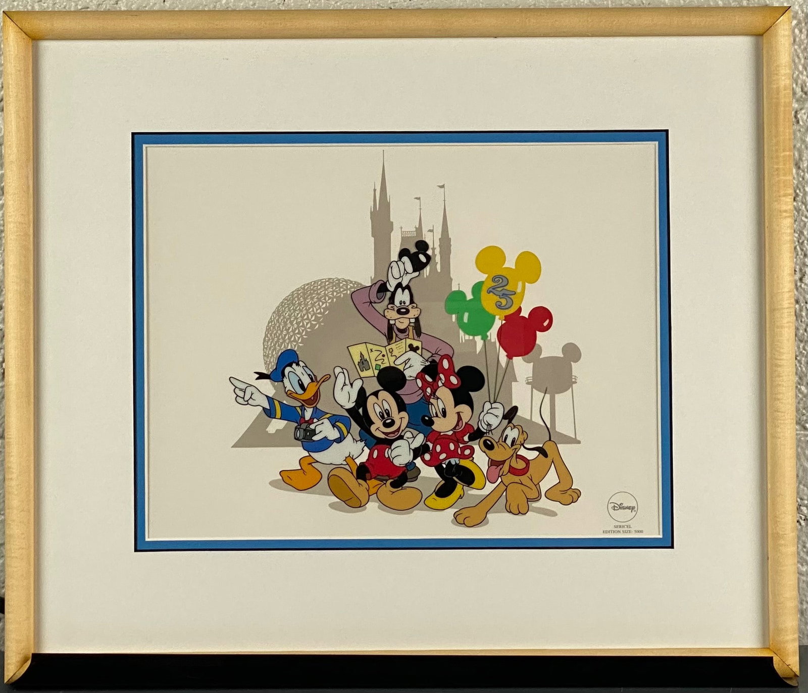 Walt Disney World 25th Anniversary Sericel Fabulous Five (COA): Walt Disney World 25th Anniversary commemorative sericel, titled Around the World with the Fabulous Five, showcasing iconic characters Mickey Mouse, Minnie Mouse, Donald Duck, Goofy, and Pluto. Includ