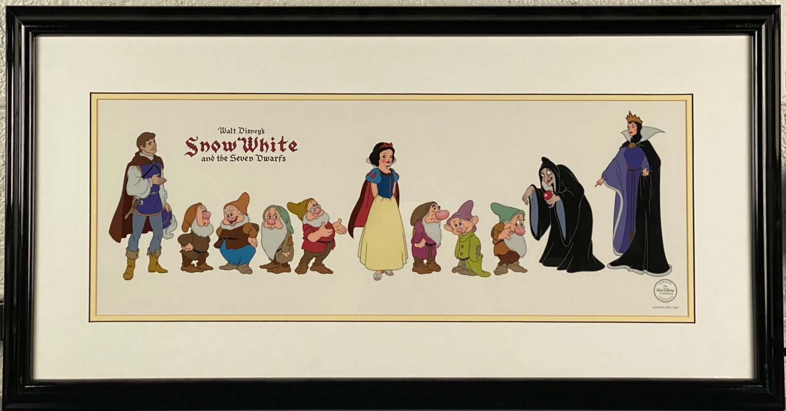 Walt Disney Snow White and the Seven Dwarfs Sericel (COA): Walt Disney Company limited edition sericel art featuring characters from the classic animated film Snow White and the Seven Dwarfs (1937). Edition size of 5000, as indicated on the artwork. The frame
