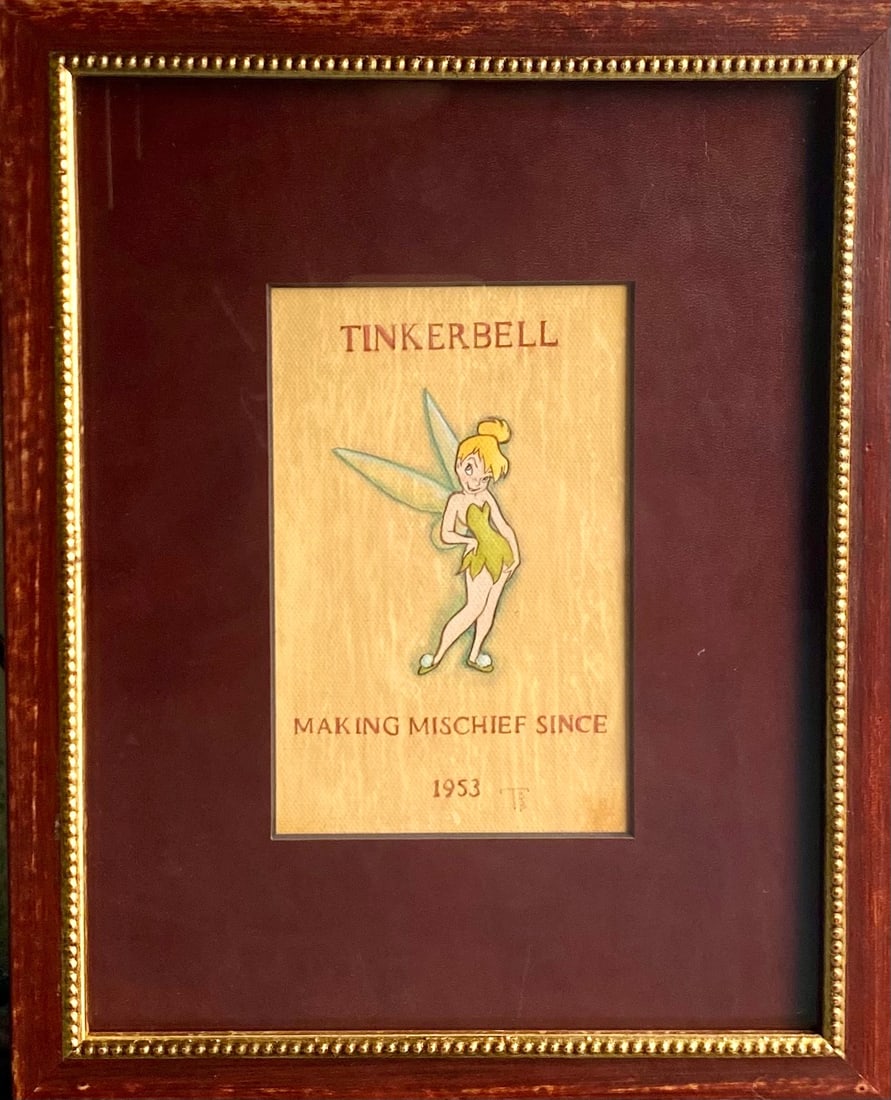 Disney Fine Art Making Mischief Giclee on Canvas (COA): Disney Fine Art giclee on canvas titled Making Mischief, featuring Tinkerbell. Artwork by Tricia Buchanan Benson, produced in a limited edition of 500. The canvas measures 6 by 4 inches and is framed 