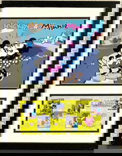 Framed Mickey Minnie Artwork With 39 Cent USA Disney Stamps: Framed artwork featuring Mickey and Minnie Mouse in a romantic scene, paired with a display of four 39 cent USA Disney themed postage stamps. The stamps depict iconic Disney characters, including Beau