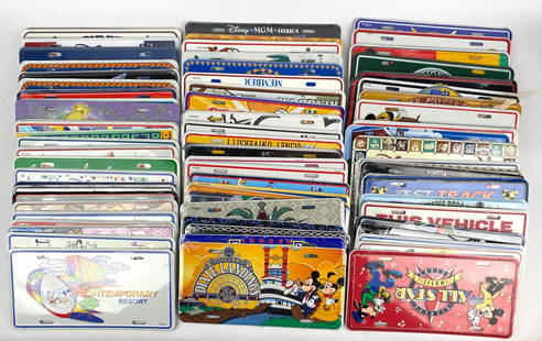 Collection Of Disney Souvenir License Plates: A collection of Disney themed souvenir license plates showcasing various designs, attractions, and motifs from Disney parks and resorts. Each plate features vibrant graphics representing popular theme