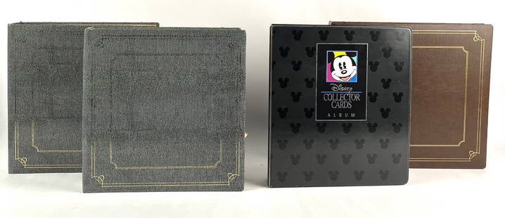 Collection of Disney Trading Cards and Memorabilia Albums: A lot comprising multiple albums containing Disney collector cards and memorabilia including trading cards, postcards, and various licensed Disney art and illustrations. Features characters such as Mi