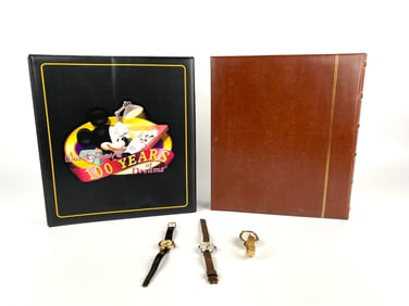 Collection of Disney Pins, Watches, and Stamps