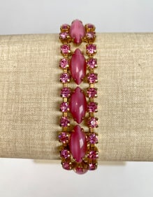 Vintage Gold Tone Bracelet with Pink Cabochons and Rhinestones
