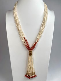 Multi Strand Freshwater Pearl and Coral Beaded Necklace with 14K Gold Clasp