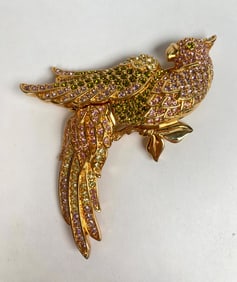 Vintage Swarovski Gold Tone Bird Brooch with Pink and Green Stones