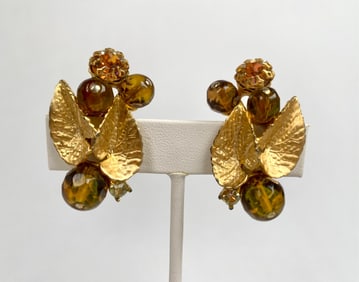 Schiaparelli Gold Tone Clip On Earrings with Amber Beads