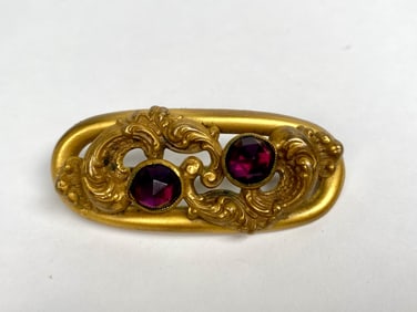 Gold Tone Victorian Brooch with Purple Gemstones