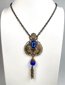 Antique Art Deco Brass and Blue Glass Pendant Necklace