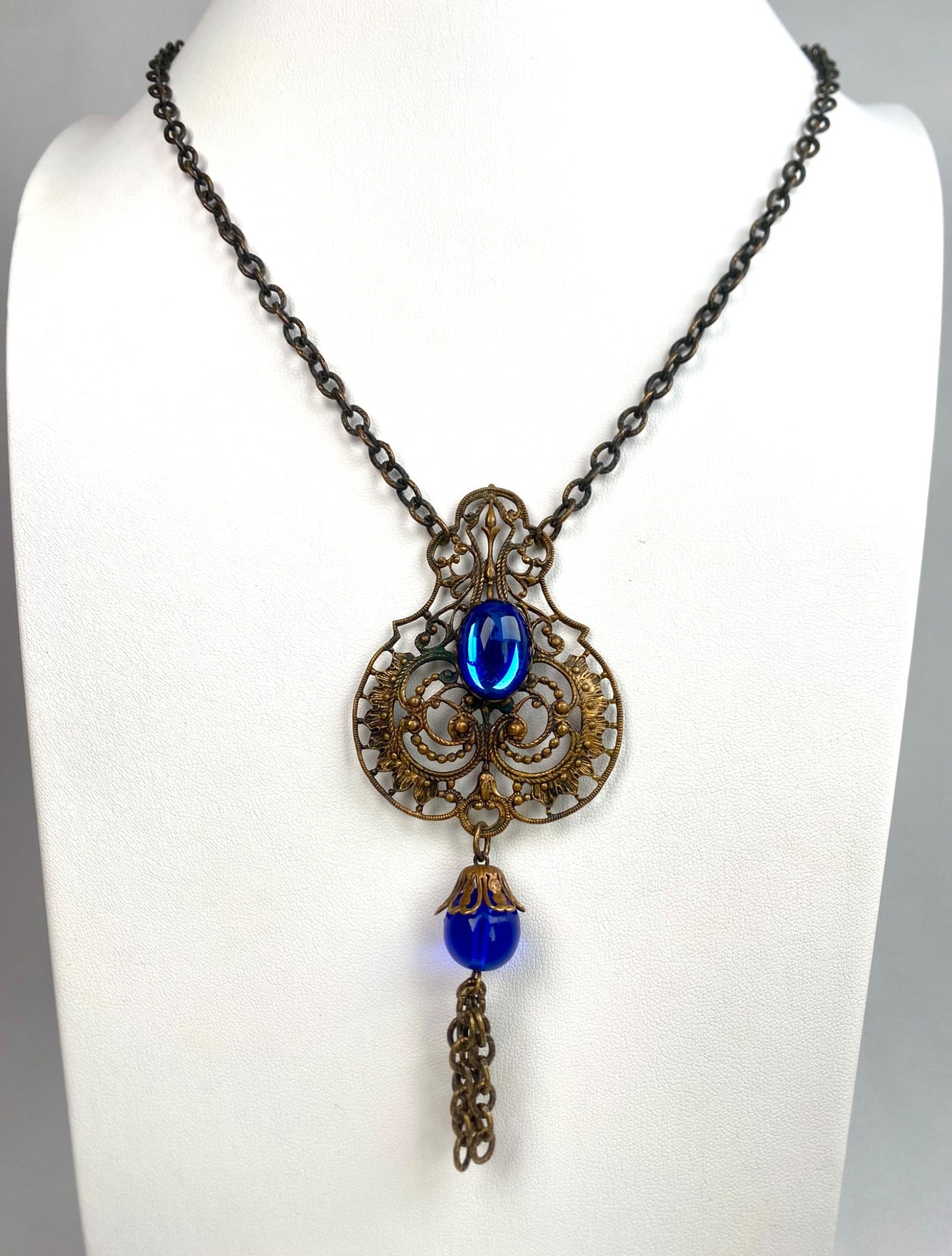 Antique Art Deco Brass and Blue Glass Pendant Necklace (1 of 10)