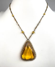 Vintage Amber Colored Glass Pendant Necklace with Brass Chain