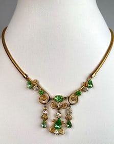 Leo Glass Gold Tone Necklace with Green and Clear Rhinestones