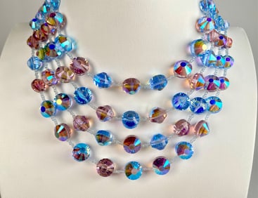Vendome Blue and Pink Crystal Beaded Multi Strand Necklace