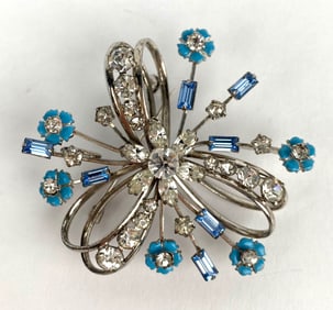 Carl Art Sterling Silver Rhinestone and Turquoise Floral Design Brooch