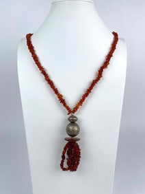 Amber Chip Necklace With Silver Pendant and Tassel