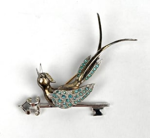 Sterling Silver and Rhinestone Bird and Key Brooch