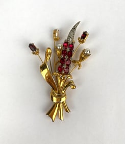 Gold Tone Floral Brooch with Red, Pearl, and Rhinestone Accents