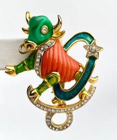 DeNicola Gold Tone and Coral Taurus Zodiac Brooch