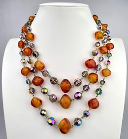 Tri Strand Amber Colored and Iridescent Crystal Bead Necklace
