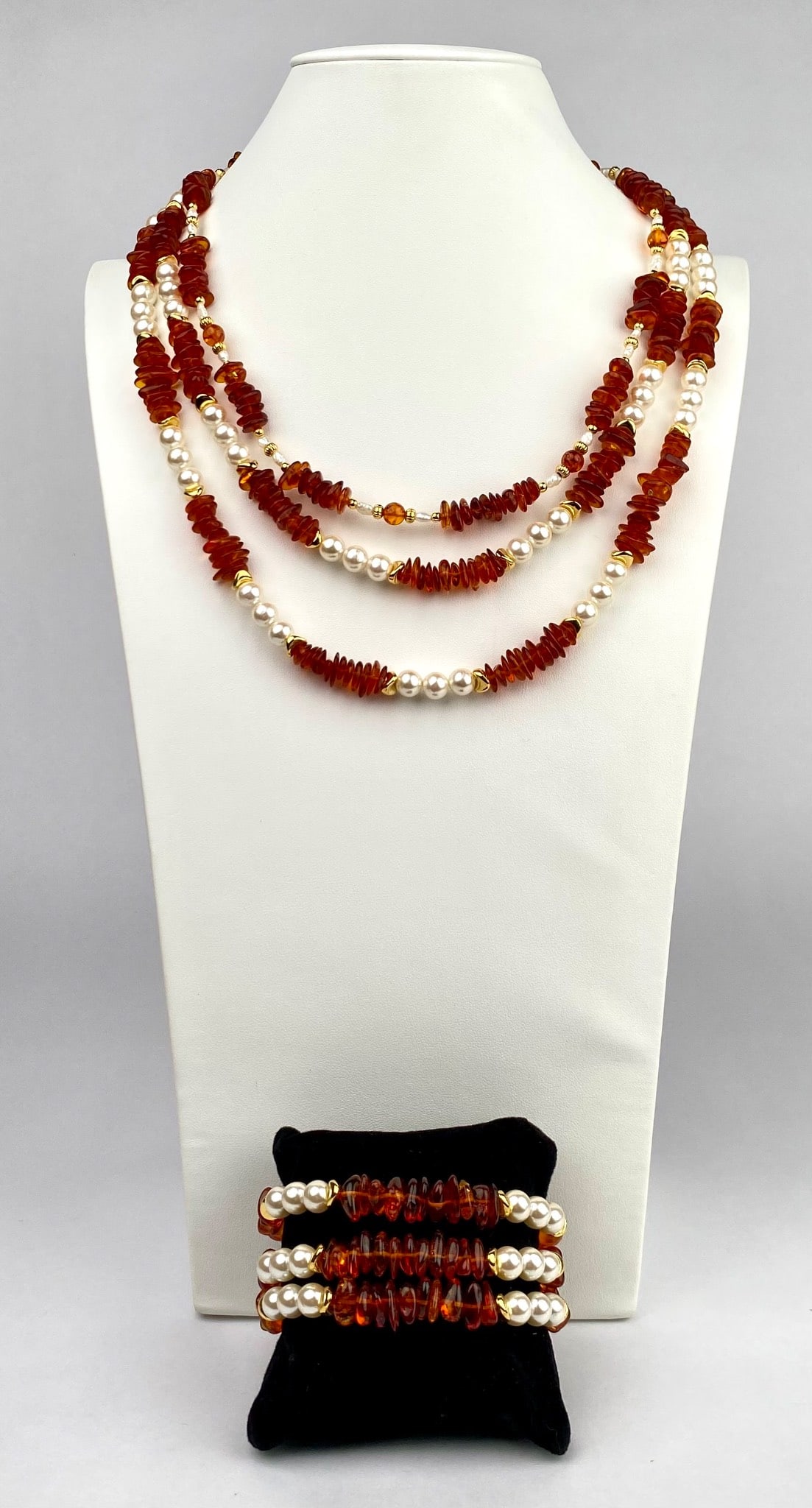 Amber and Faux Pearl Jewelry Set  (2 Necklaces and Bracelet) (1 of 12)