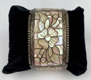 Signed Sterling Silver And Mother Of Pearl Inlay Floral Cuff
