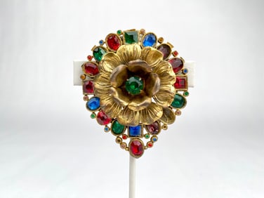 Gold Toned Floral Shoe Buckle with Multicolored Gemstones