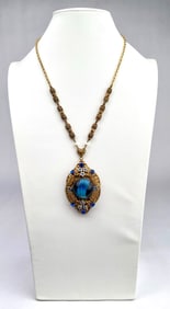 Antique West Germany Blue Glass and Rhinestone Necklace