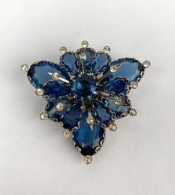 Silver Toned Floral Brooch with Blue and Clear Gem Accents