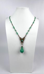 Vintage Art Nouveau Style Necklace with Green Glass Drop Pendant