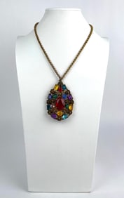 Coro Gold Tone Necklace with Multicolored Rhinestone Pendant
