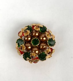 Gold Tone Brooch with Green and Red Rhinestones
