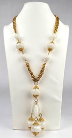 Vintage Gold Tone Chain Necklace with White Beads and Pendant