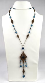 Antique Art Nouveau Czech Blue Glass and Filigree Necklace