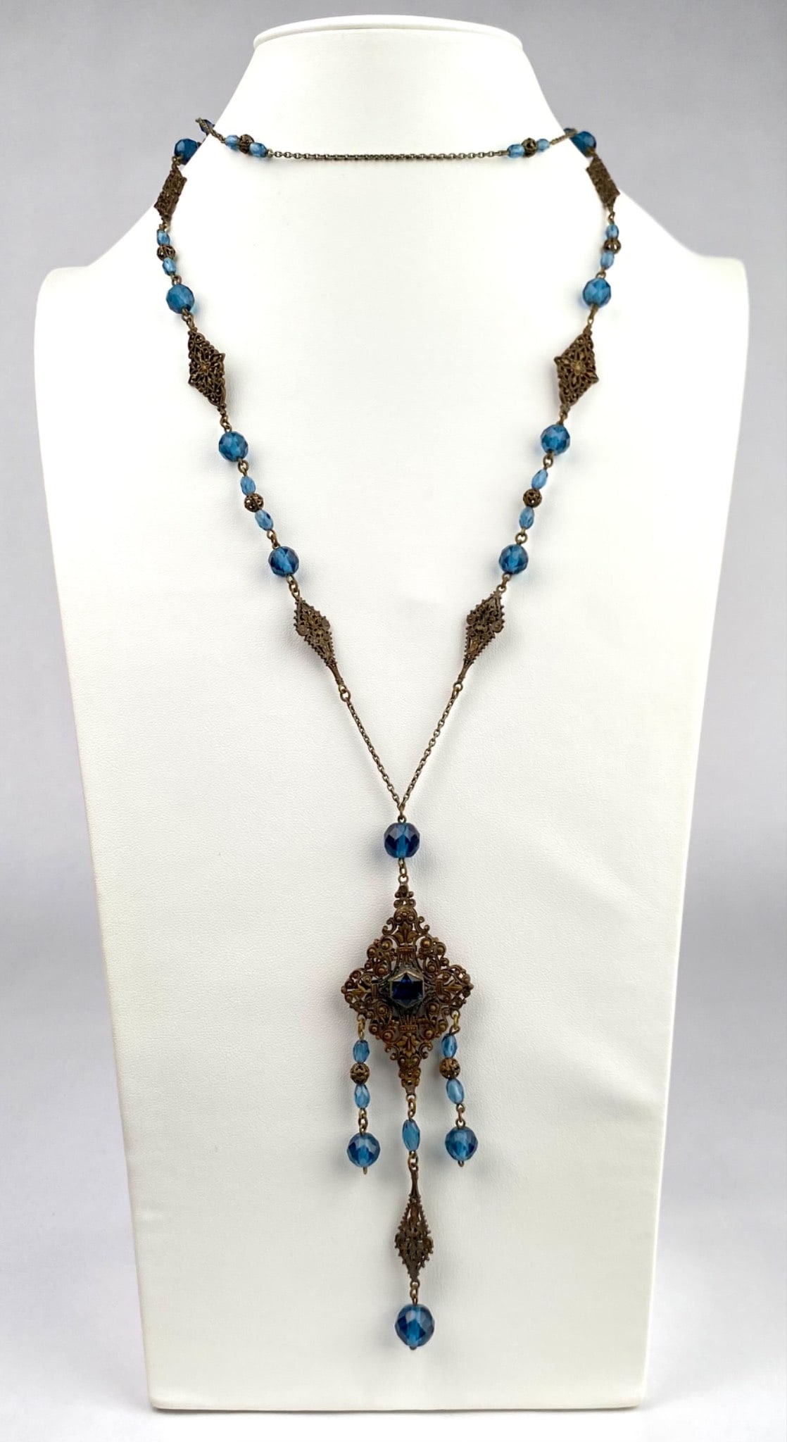 Antique Art Nouveau Czech Blue Glass and Filigree Necklace (1 of 11)