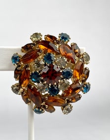 Gold Tone Circular Brooch with Colorful Rhinestones